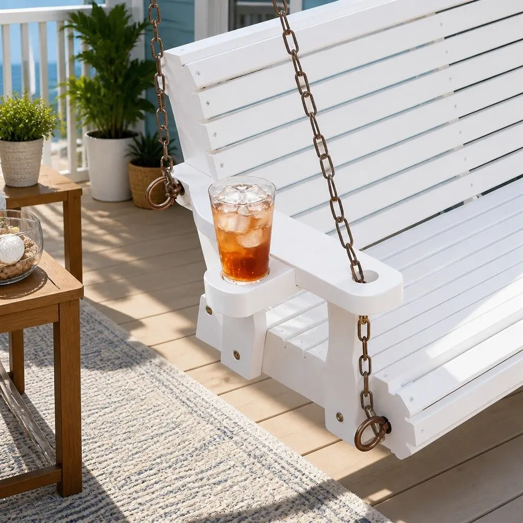 Outdoor Swing Chair White 2 Seater Wooden Frame with Cup Holder