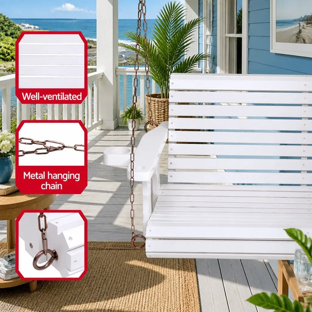 Outdoor Swing Chair White 2 Seater Wooden Frame with Cup Holder