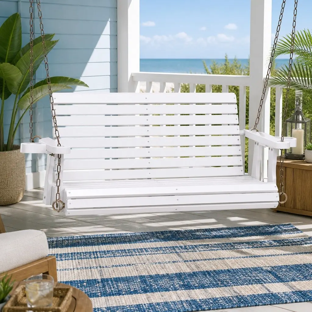 Outdoor Swing Chair White 2 Seater Wooden Frame with Cup Holder