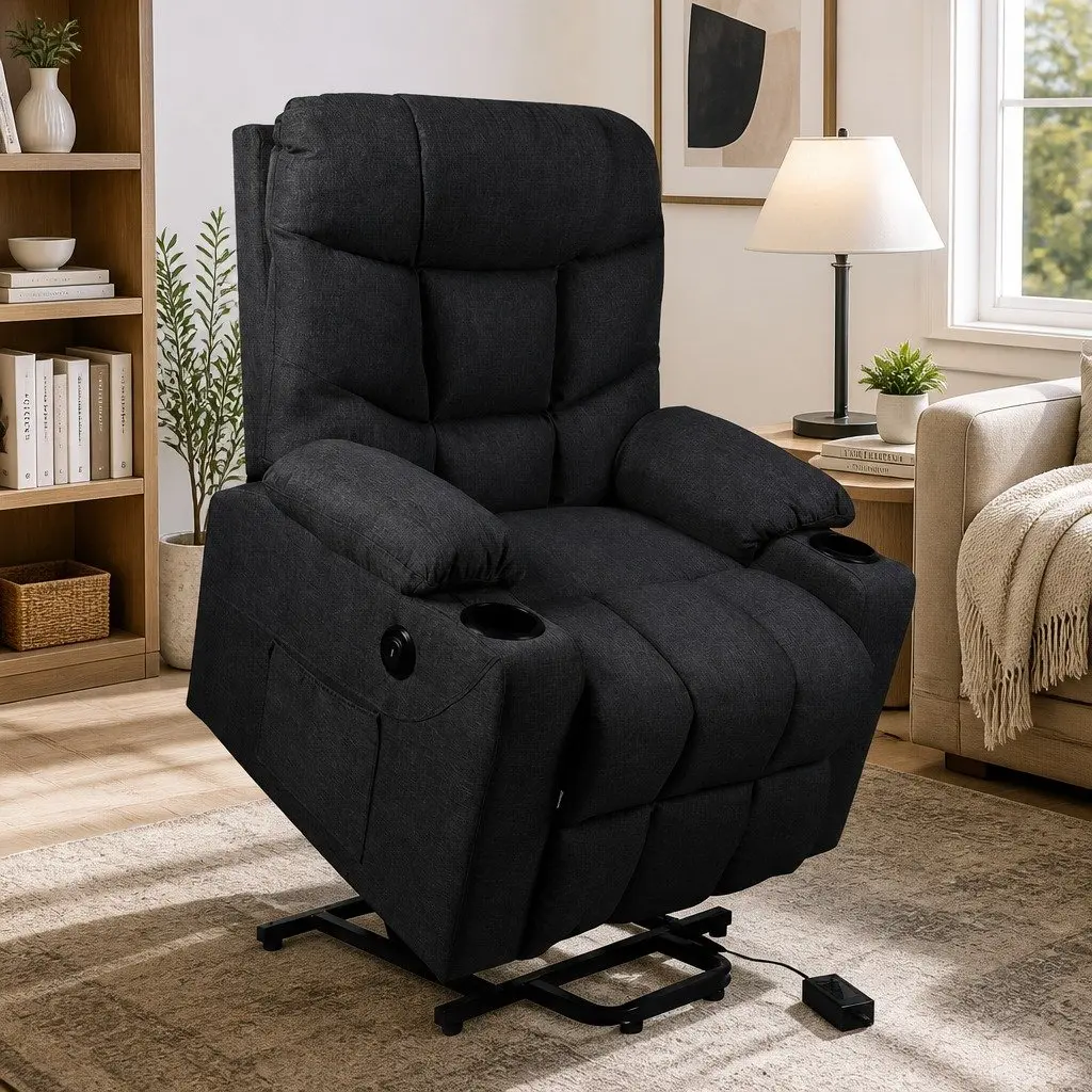 Electric Recliner Chair Black Microfibre Wide Seat Adjustable Backrest Lift Assist