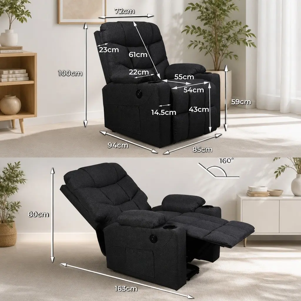 Electric Recliner Chair Black Microfibre Wide Seat Adjustable Backrest Lift Assist