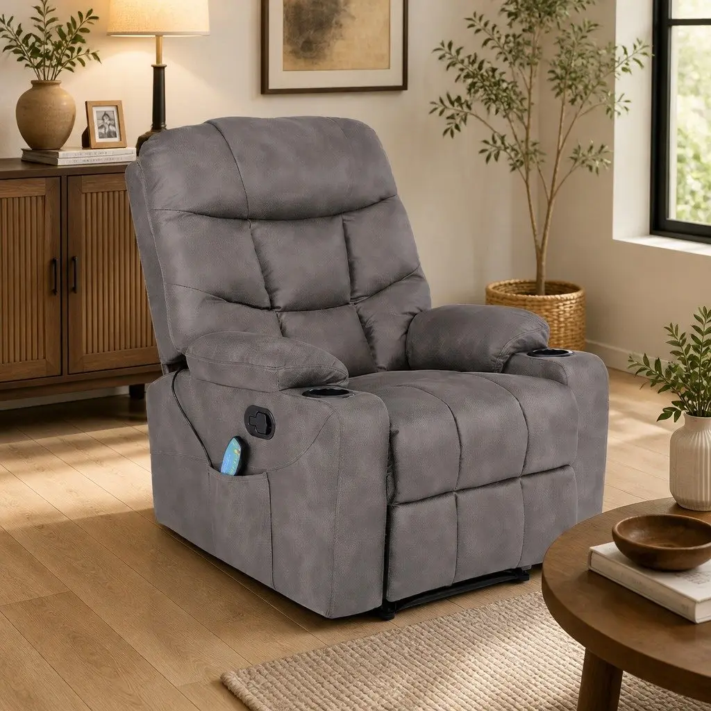 Electric Massage Recliner Chair Grey 110° to 160° Reclining 8-Point Heat Lumbar Support