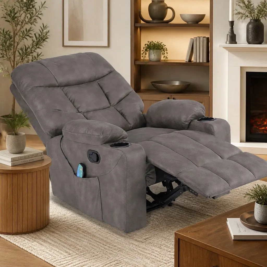 Electric Massage Recliner Chair Grey 110° to 160° Reclining 8-Point Heat Lumbar Support