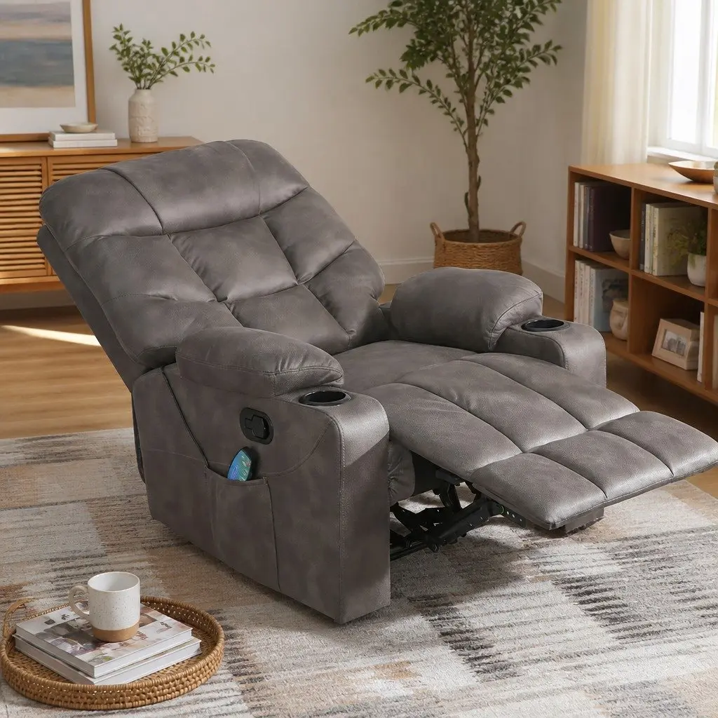 Electric Massage Recliner Chair Grey 110° to 160° Reclining 8-Point Heat Lumbar Support