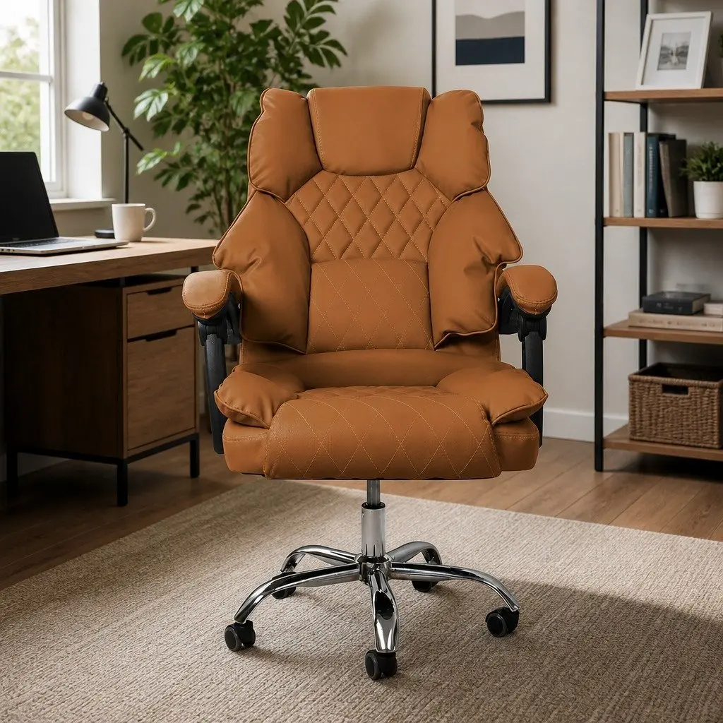Gaming Chair Brown PU Leather High Wide Backrest Reclining 90-135 Degrees