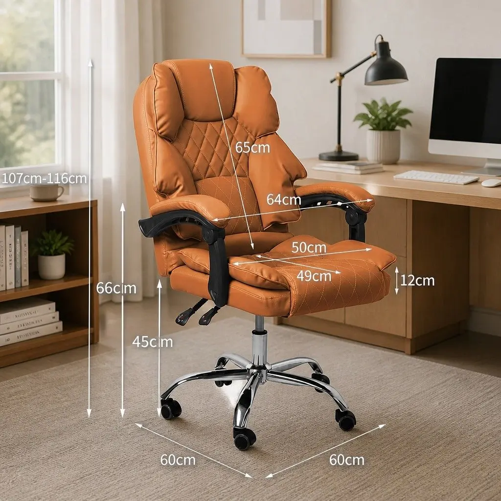 Gaming Chair Brown PU Leather High Wide Backrest Reclining 90-135 Degrees
