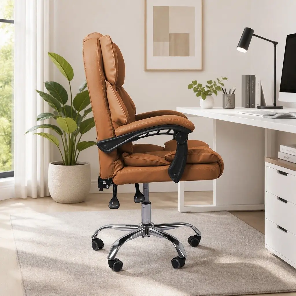 Gaming Chair Brown PU Leather High Wide Backrest Reclining 90-135 Degrees