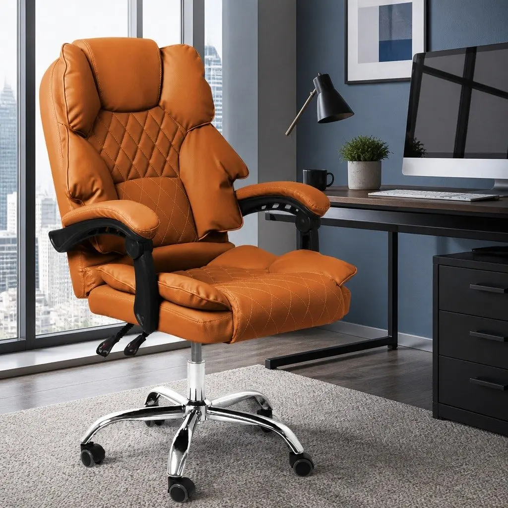 Gaming Chair Brown PU Leather High Wide Backrest Reclining 90-135 Degrees