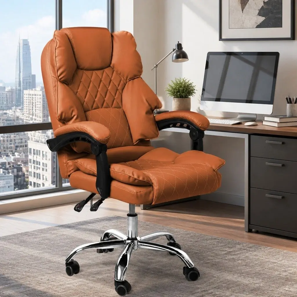 Gaming Chair Brown PU Leather High Wide Backrest Reclining 90-135 Degrees