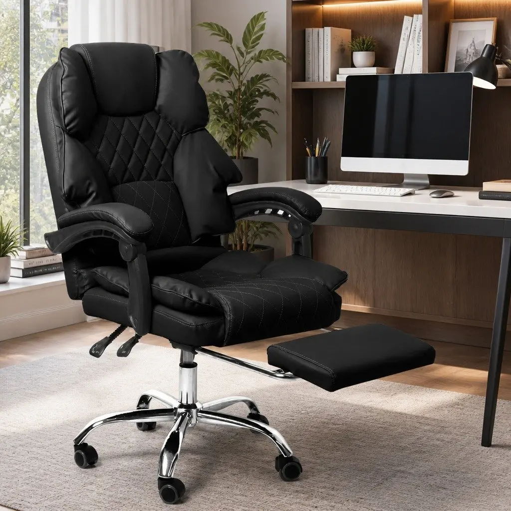 Gaming Office Chair Computer Seat Reclining Footrest Black Adjustable Height