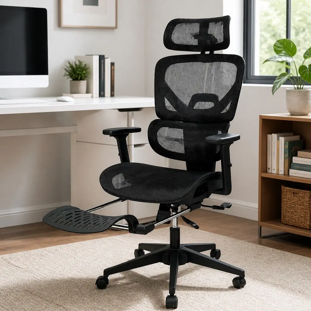 Ergonomic Office Chair Black Mesh Adjustable Lumbar Retractable Footrest