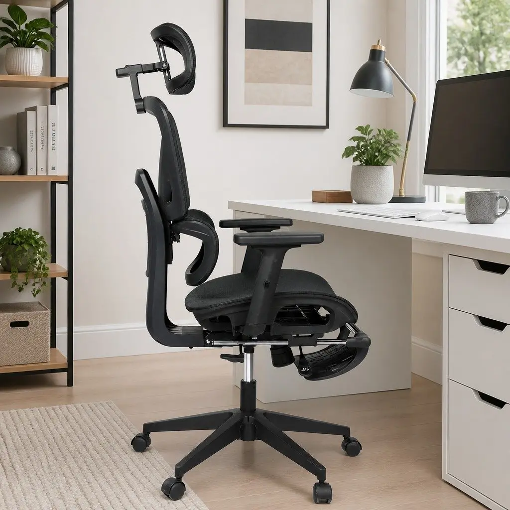Ergonomic Office Chair Black Mesh Adjustable Lumbar Retractable Footrest