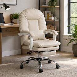 Executive Office Chair High Back Reclining Gaming Work Seat with Footrest Beige
