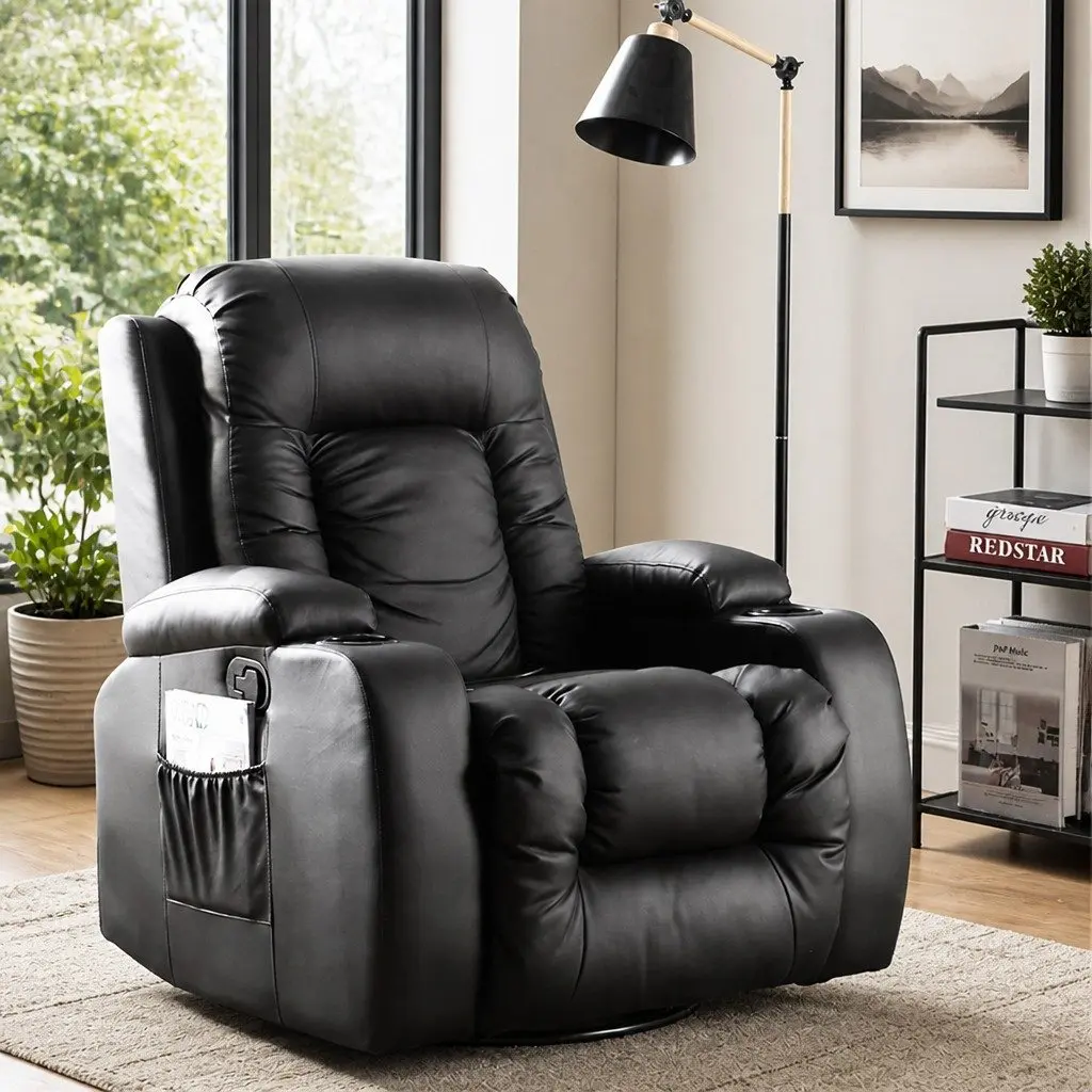 Massage Recliner Chair Black 360 Swivel Heated Lumbar Full Body Relaxation