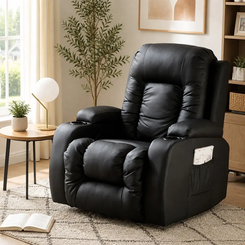 Massage Recliner Chair Black 360 Swivel Heated Lumbar Full Body Relaxation