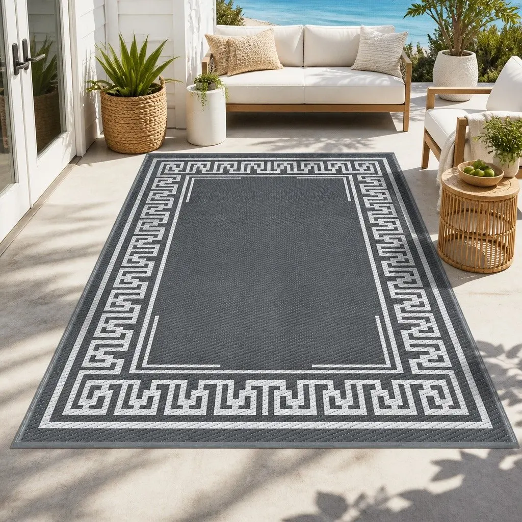 Outdoor Rug Grey 152x244cm Reversible Dual-Sided Weather-Resistant Non-Slip Mat