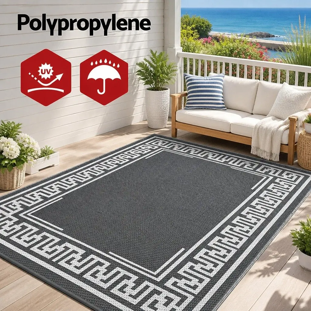 Outdoor Rug Grey 152x244cm Reversible Dual-Sided Weather-Resistant Non-Slip Mat