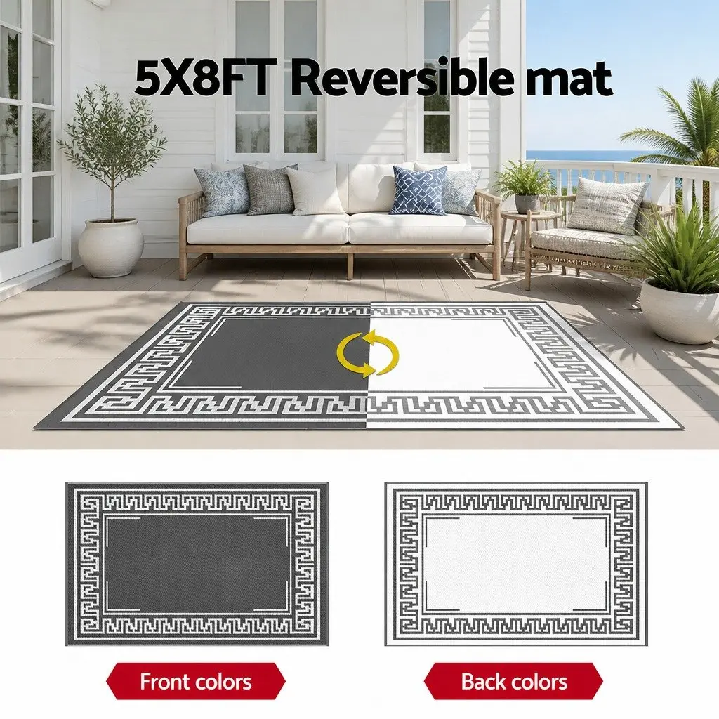Outdoor Rug Grey 152x244cm Reversible Dual-Sided Weather-Resistant Non-Slip Mat