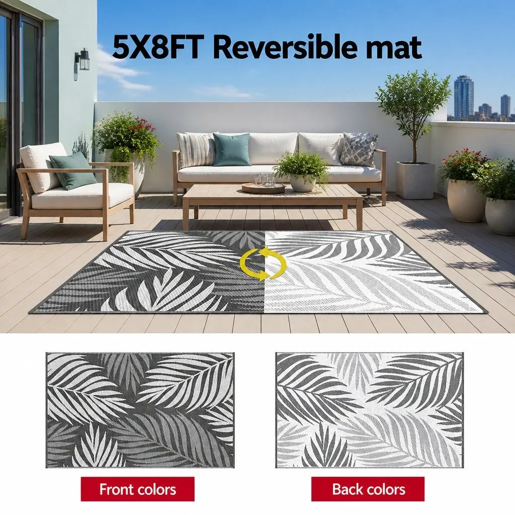 Outdoor Area Rug 152x244cm Reversible Dual-Sided Patio Mat Grey Large Carpet