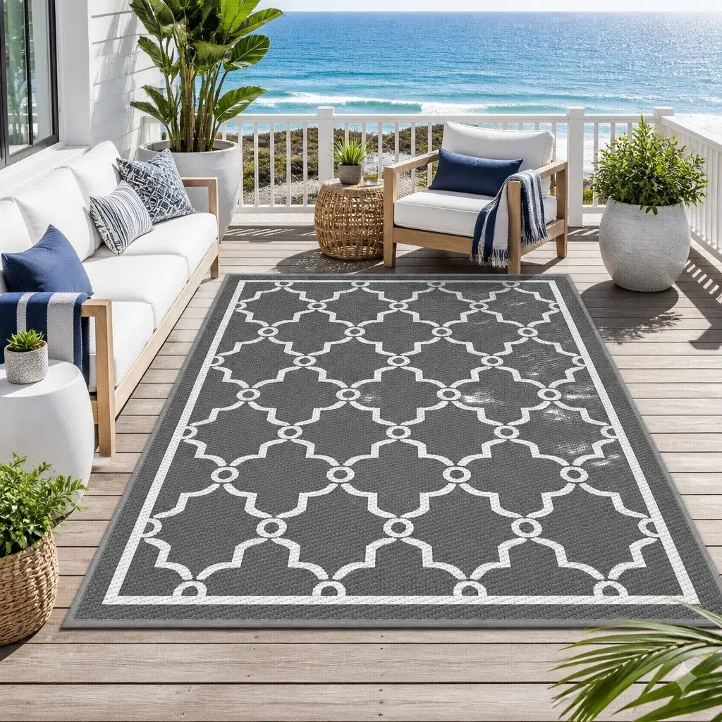 Outdoor Rug Grey 152x244cm Reversible Dual-Sided Area Mat for Patio Backyard Garden