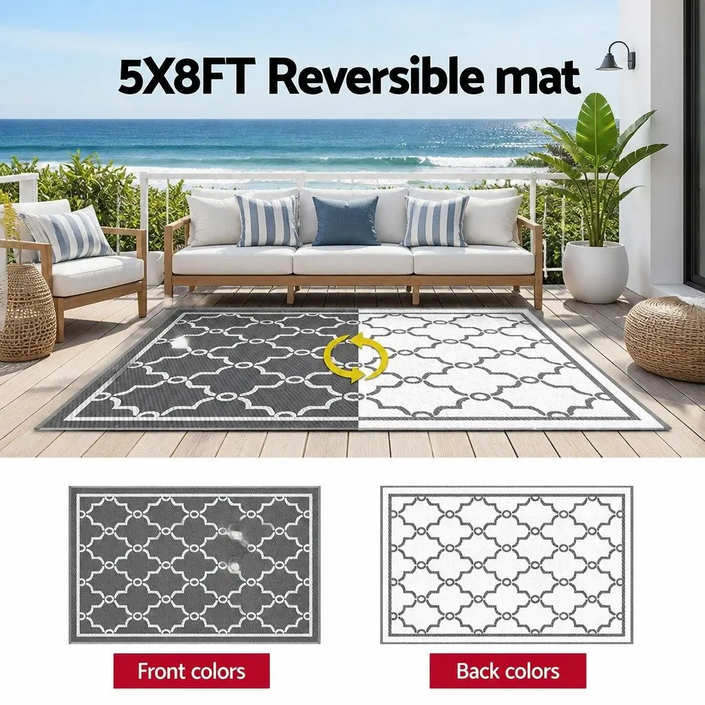 Outdoor Rug Grey 152x244cm Reversible Dual-Sided Area Mat for Patio Backyard Garden