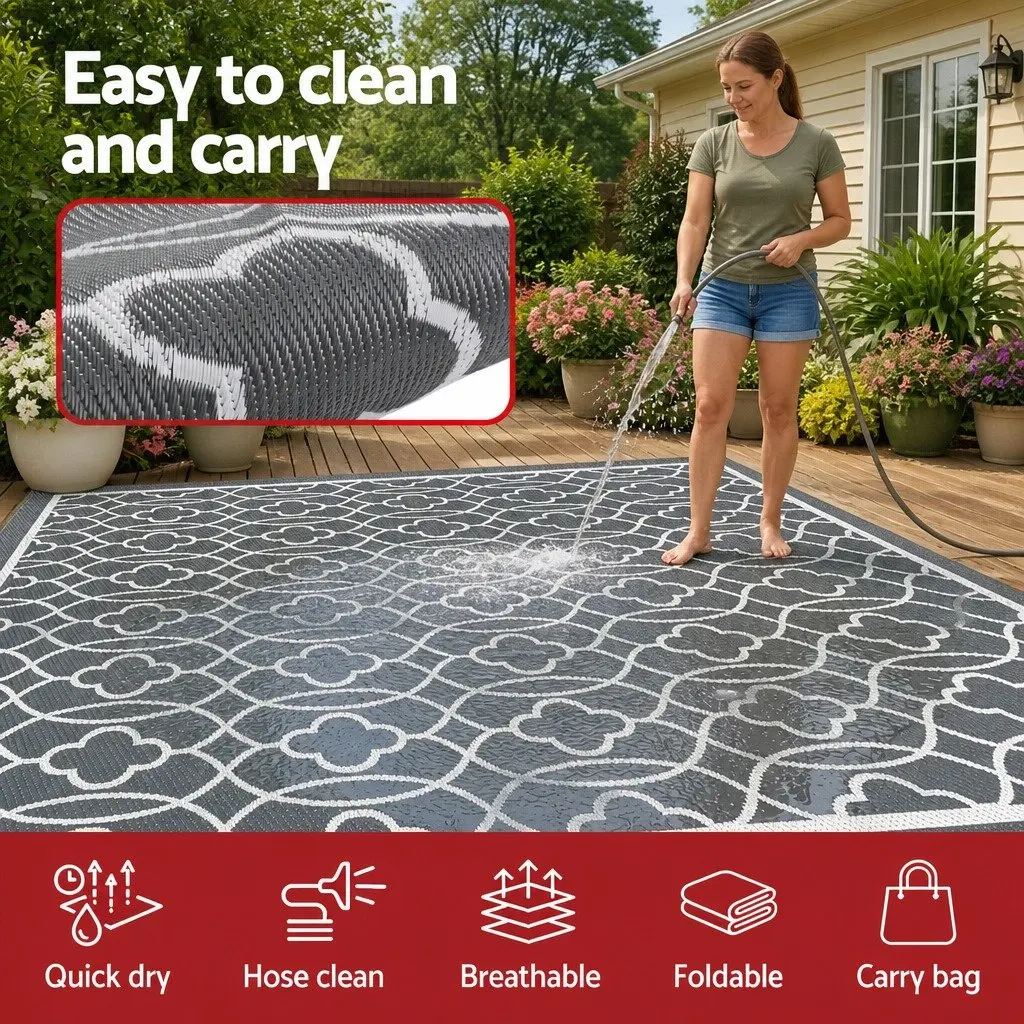 Outdoor Rug Grey 274x366cm Reversible Dual-Sided Weather-Resistant Mat