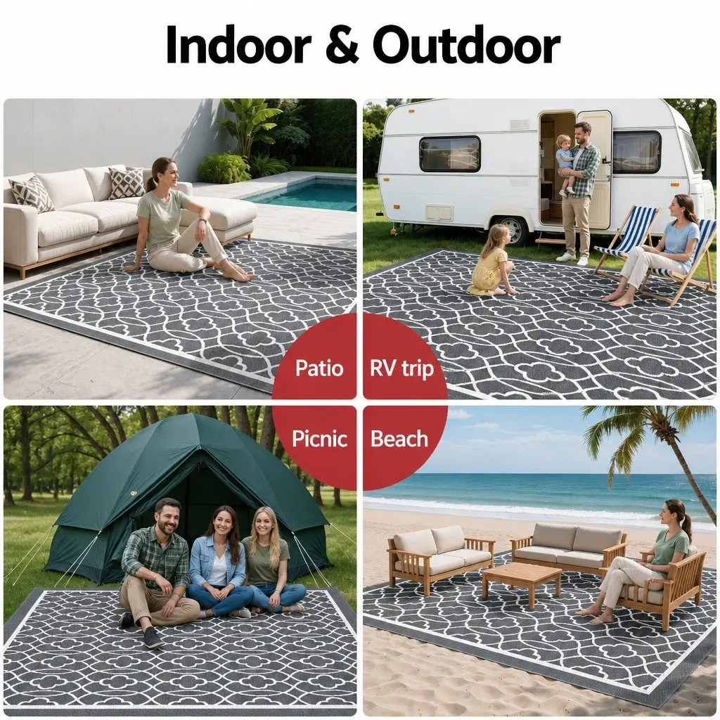 Outdoor Rug Grey 274x366cm Reversible Dual-Sided Weather-Resistant Mat