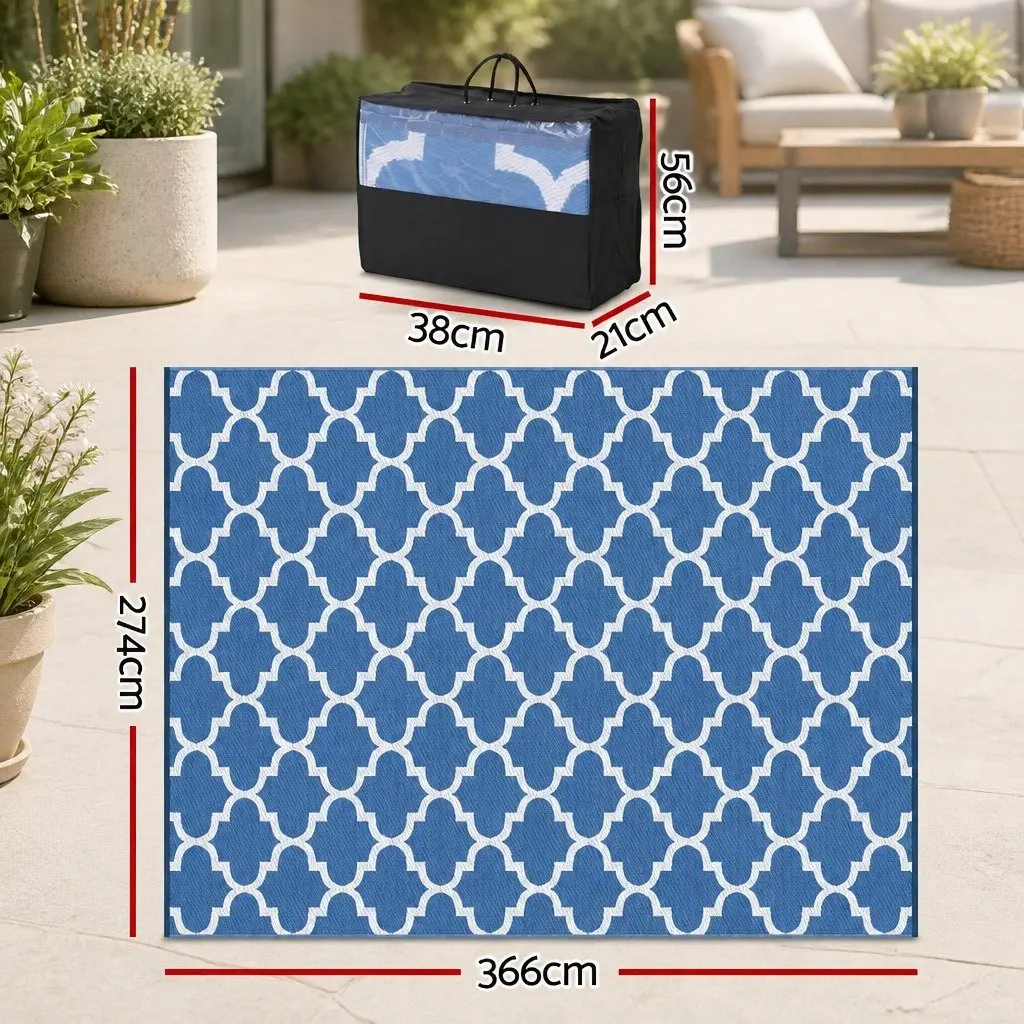 Outdoor Rug Blue 274x366cm Reversible Dual-Sided Mat with Non-Slip Grid Backing and UV Resistant Coating
