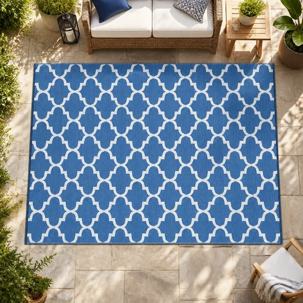 Outdoor Rug Blue 274x366cm Reversible Dual-Sided Mat with Non-Slip Grid Backing and UV Resistant Coating
