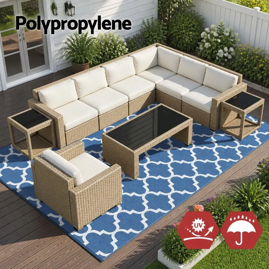 Outdoor Rug Blue 274x366cm Reversible Dual-Sided Mat with Non-Slip Grid Backing and UV Resistant Coating