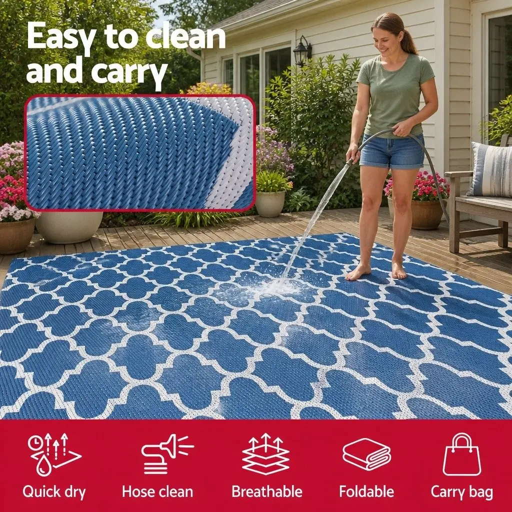 Outdoor Rug Blue 274x366cm Reversible Dual-Sided Mat with Non-Slip Grid Backing and UV Resistant Coating