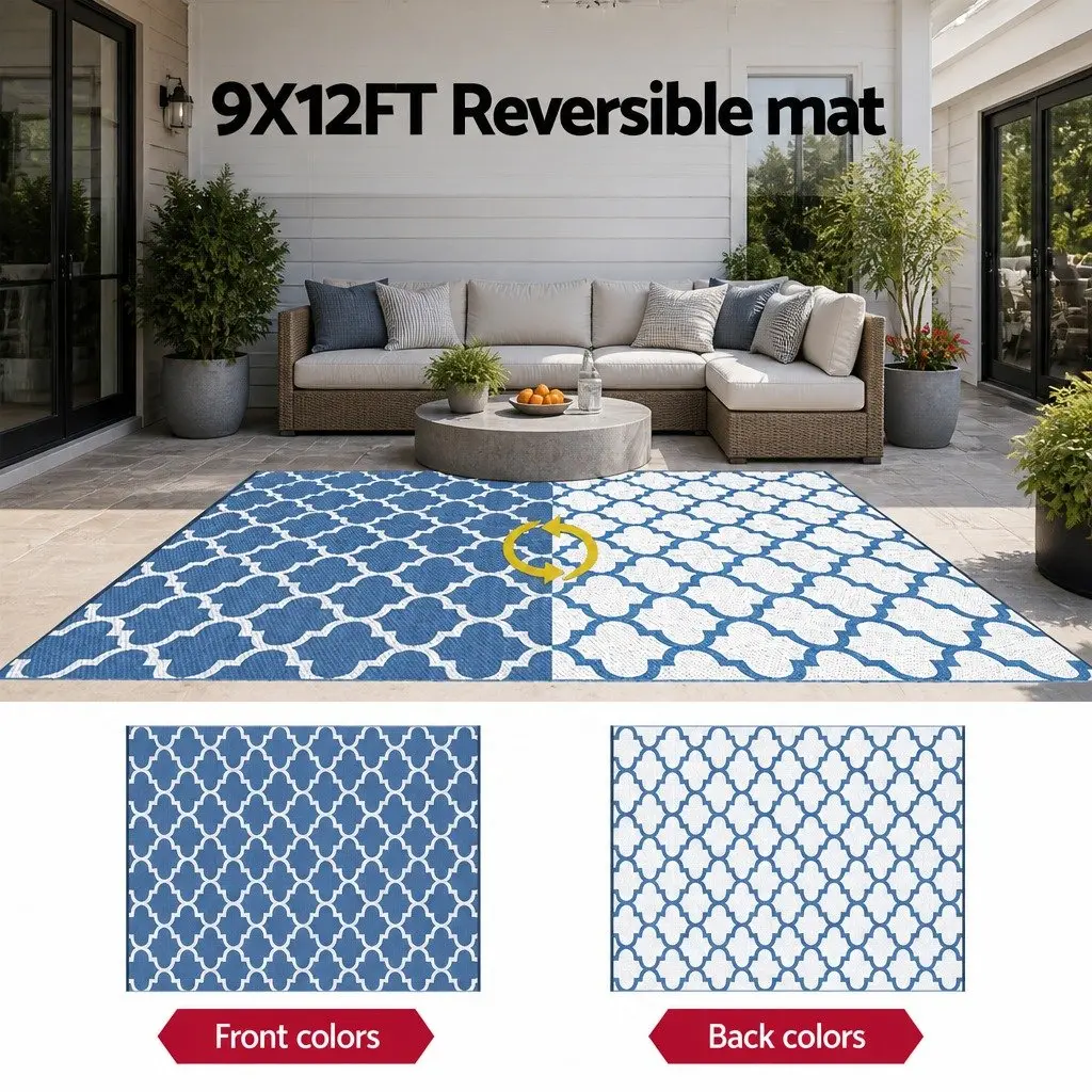 Outdoor Rug Blue 274x366cm Reversible Dual-Sided Mat with Non-Slip Grid Backing and UV Resistant Coating