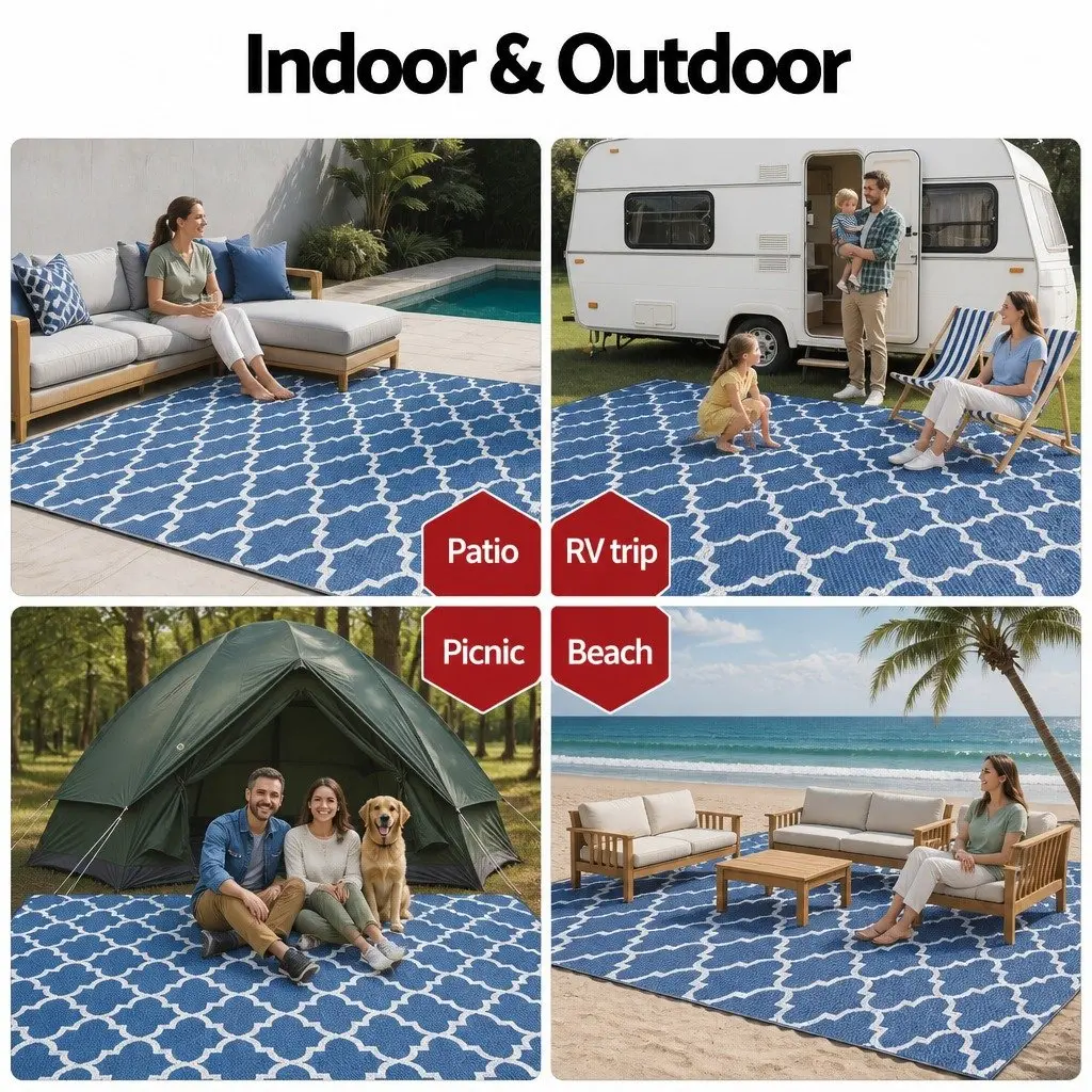 Outdoor Rug Blue 274x366cm Reversible Dual-Sided Mat with Non-Slip Grid Backing and UV Resistant Coating