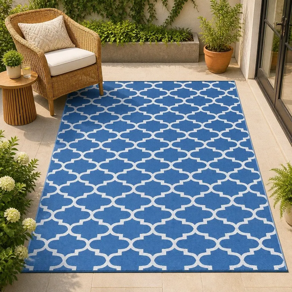 Outdoor Rug Blue 274x366cm Reversible Dual-Sided Mat with Non-Slip Grid Backing and UV Resistant Coating
