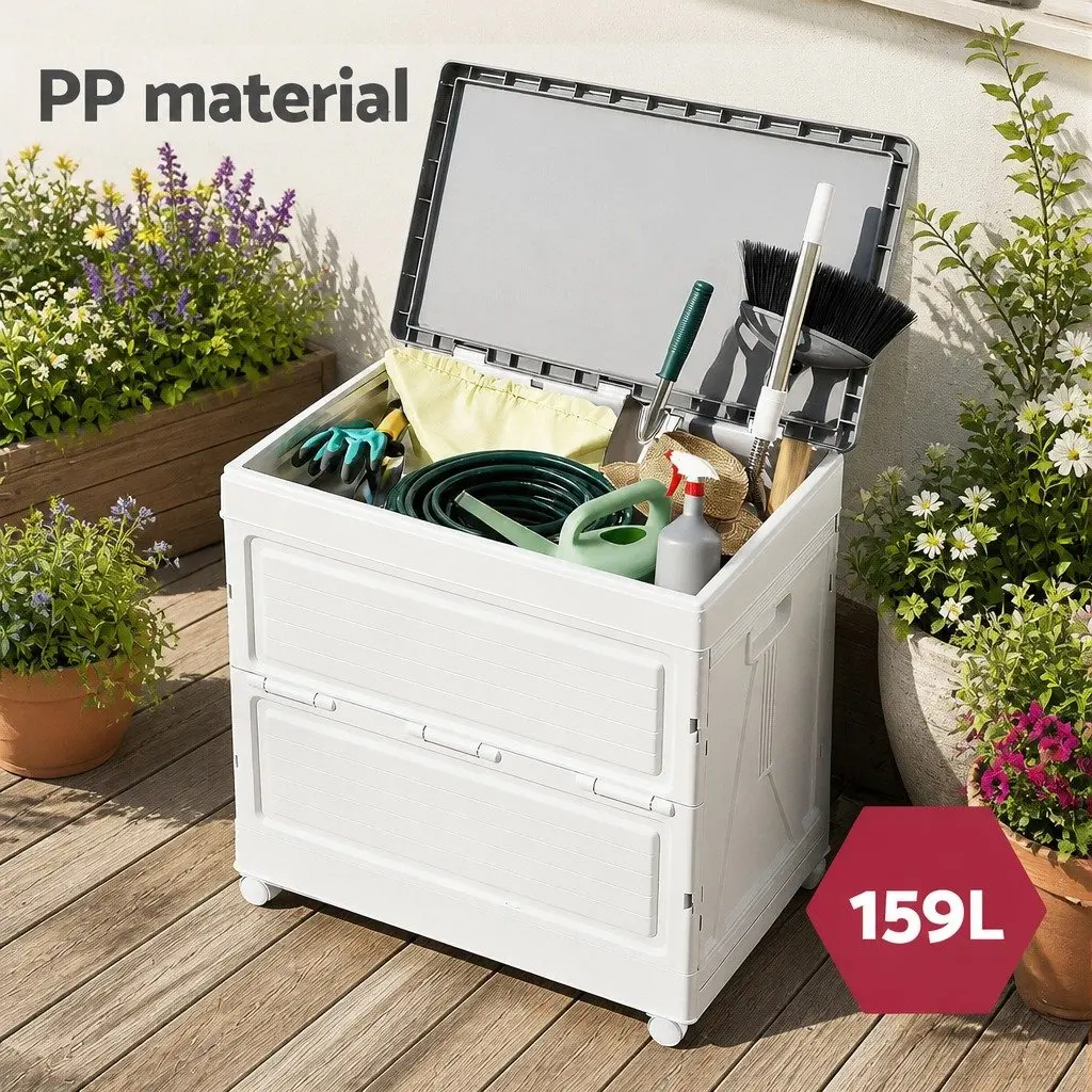Outdoor Storage Box Beige 159L Portable Foldable with Wheels