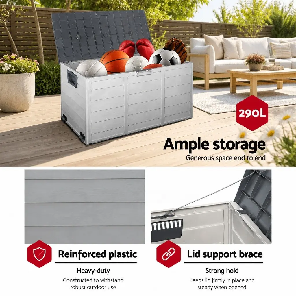 Outdoor Storage Box Grey 290L Lockable Weather-resistant Durable Garden Organiser