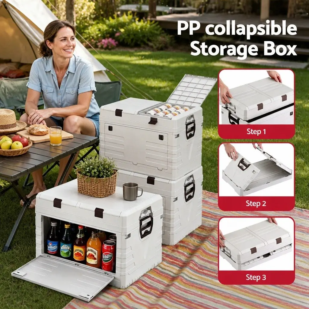 Outdoor Storage Box Beige 60L Foldable Collapsible Organizer Portable
