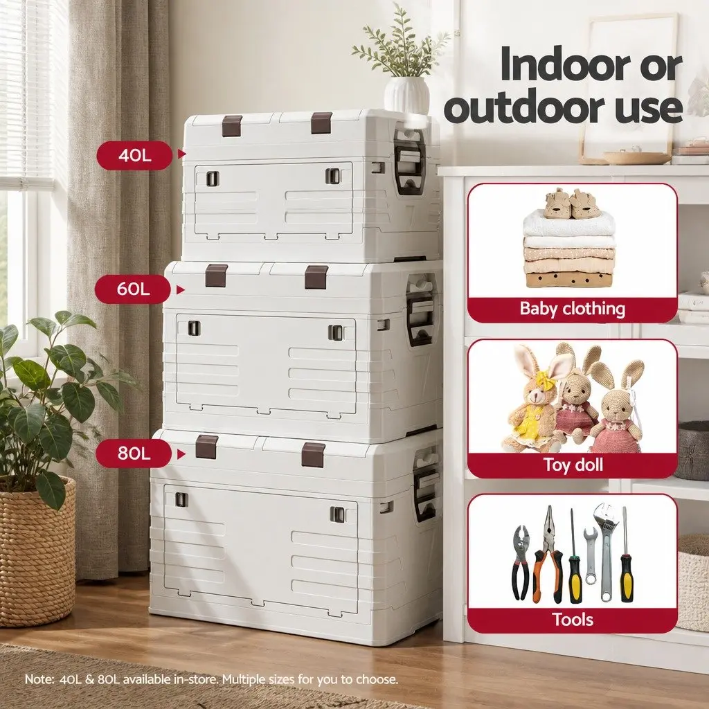 Outdoor Storage Box Beige 60L Foldable Collapsible Organizer Portable