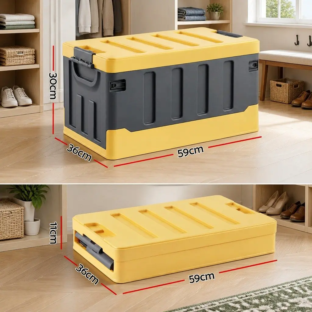 Collapsible Storage Box Yellow 60L Stackable Folding Organizer for Outdoor Camping