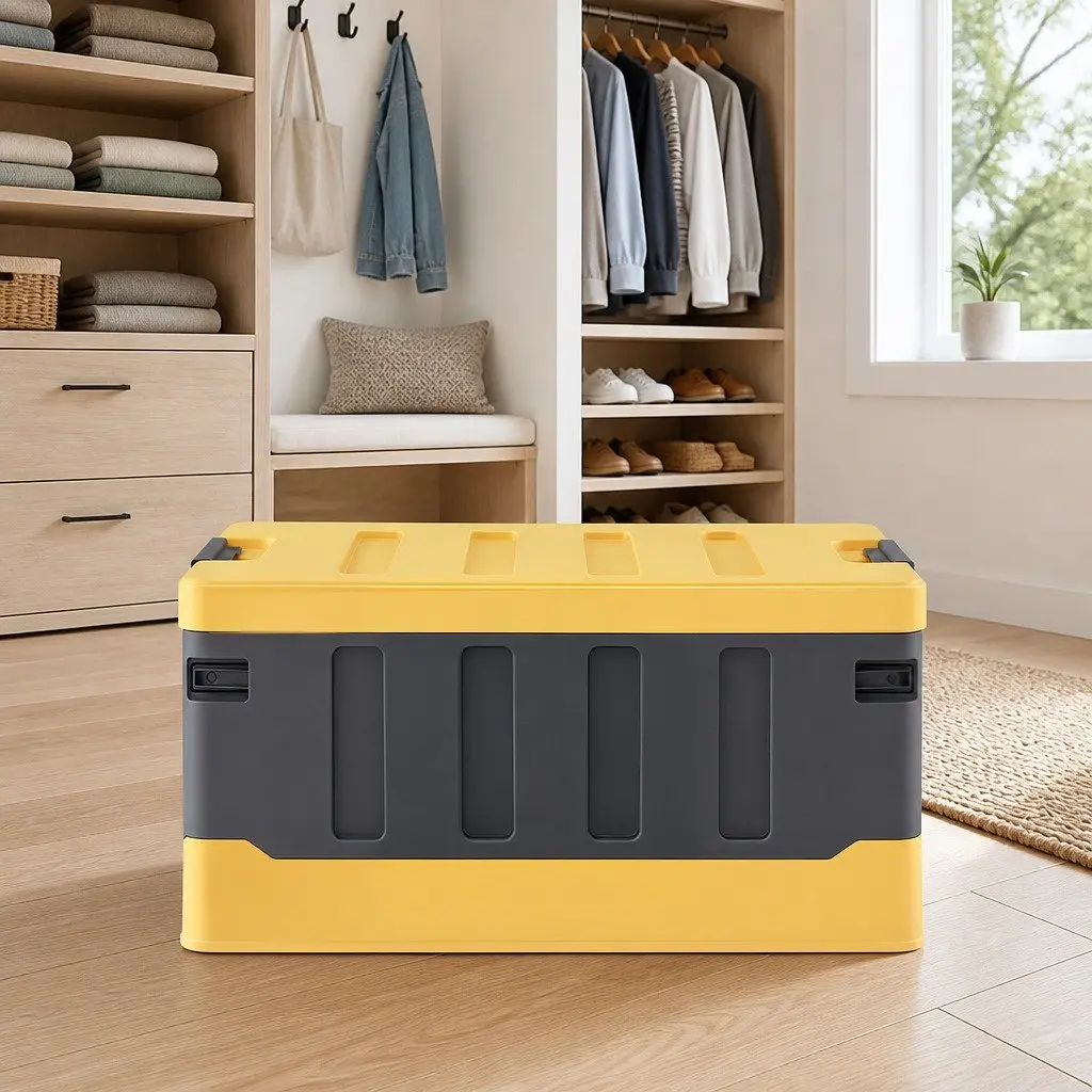 Collapsible Storage Box Yellow 60L Stackable Folding Organizer for Outdoor Camping