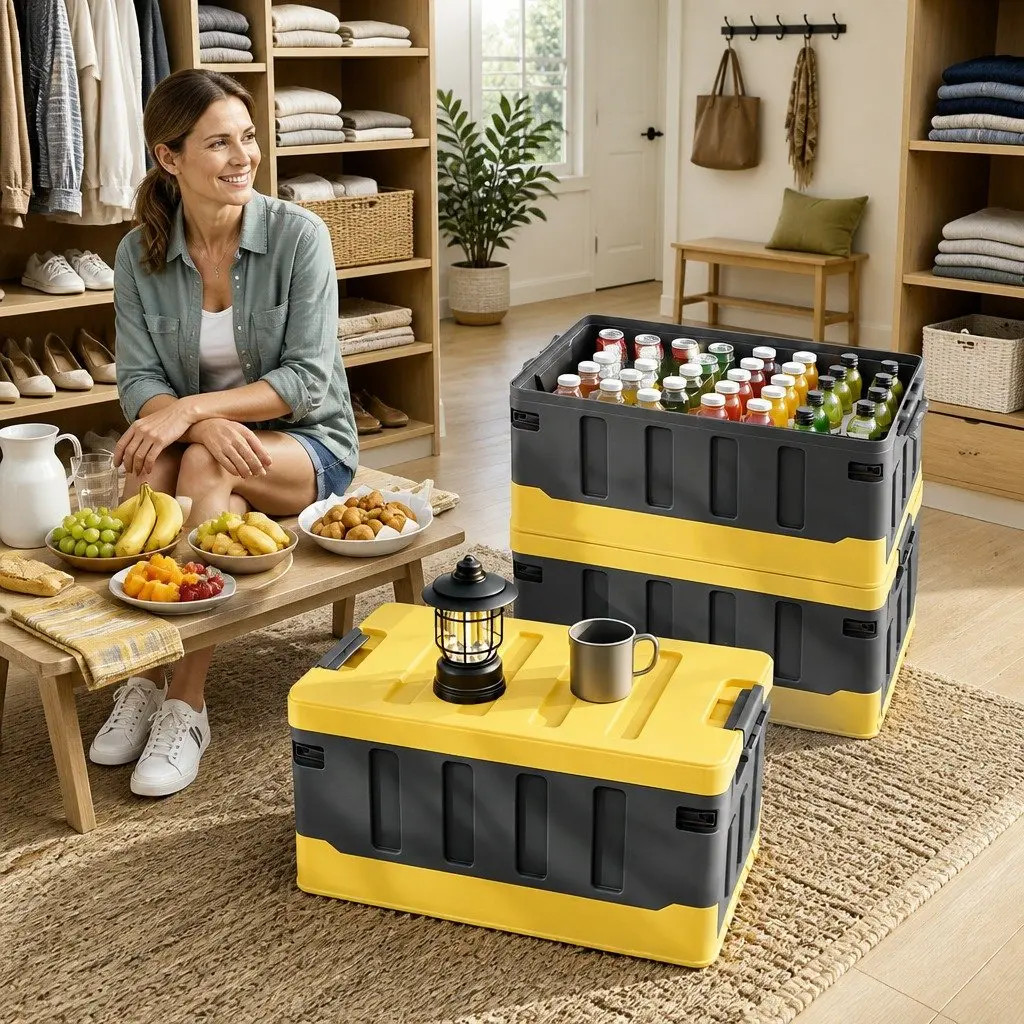 Collapsible Storage Box Yellow 60L Stackable Folding Organizer for Outdoor Camping