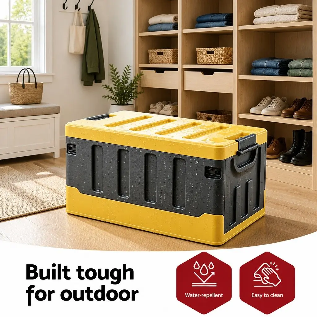 Collapsible Storage Box Yellow 60L Stackable Folding Organizer for Outdoor Camping