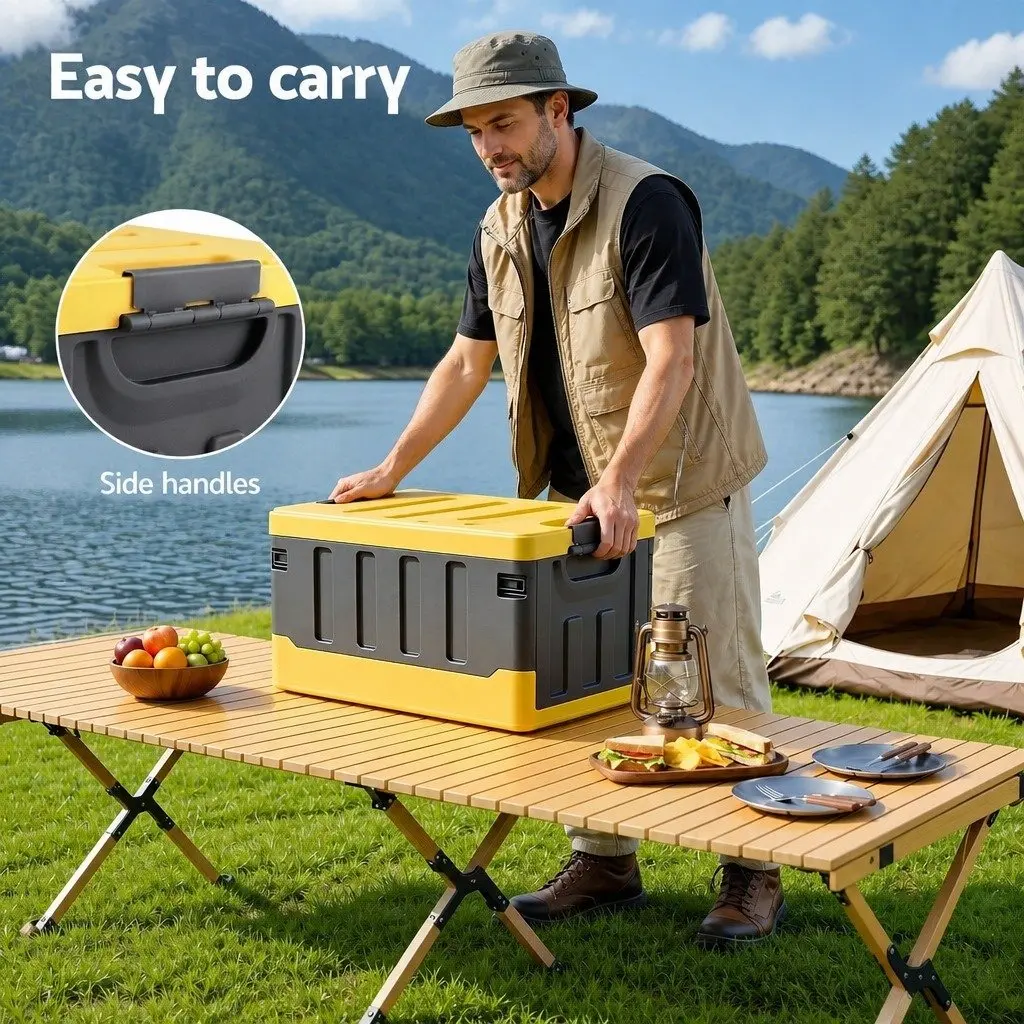 Collapsible Storage Box Yellow 60L Stackable Folding Organizer for Outdoor Camping