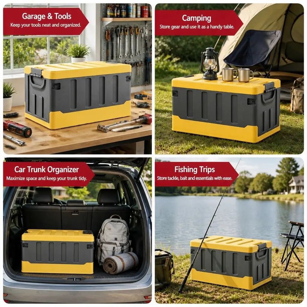 Collapsible Storage Box Yellow 60L Stackable Folding Organizer for Outdoor Camping
