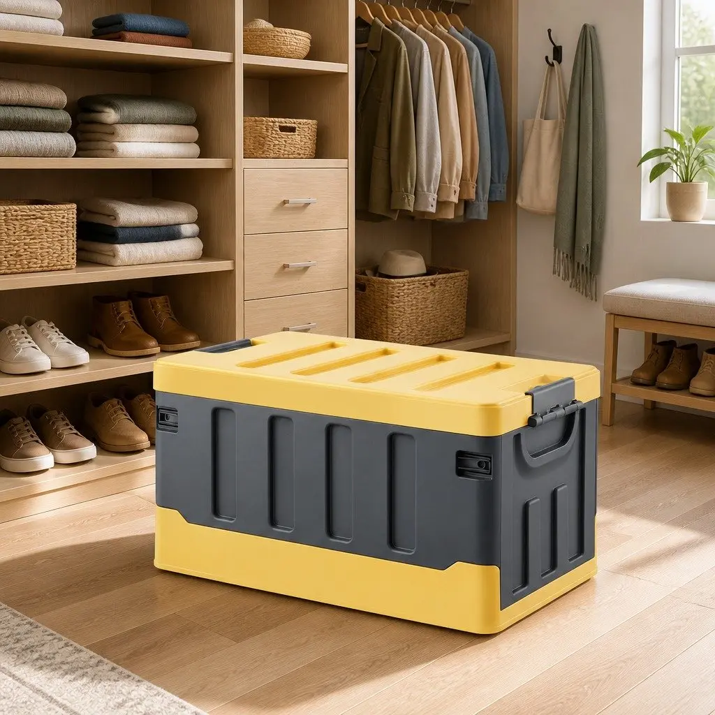 Collapsible Storage Box Yellow 60L Stackable Folding Organizer for Outdoor Camping