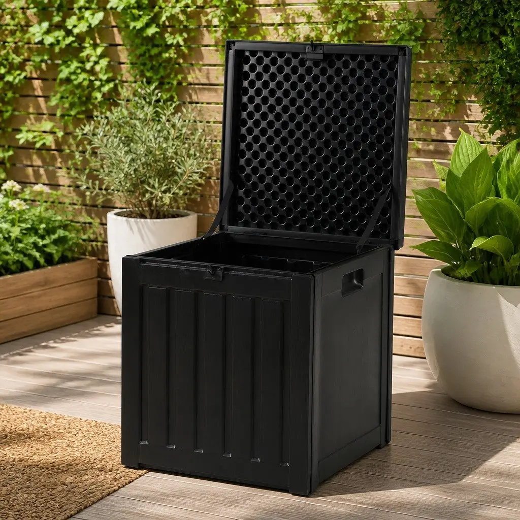 Outdoor Storage Box 80L Lockable Container Garden Toy Tool Shed Bench Seat Black
