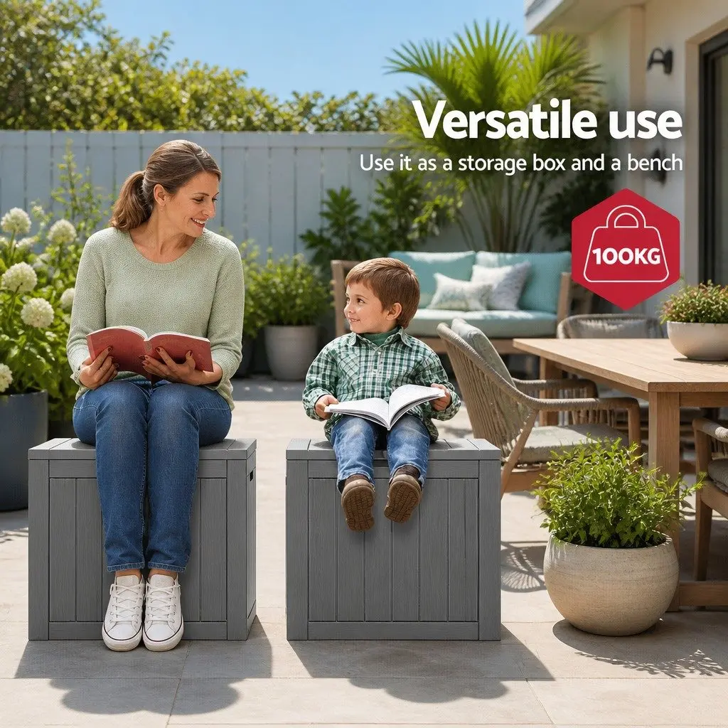 Outdoor Storage Box Grey 118L Lockable Container Garden Shed Tool Toy Storage Bench