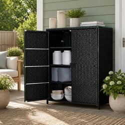 Outdoor Storage Cabinet Wicker Shelf Chest Box Garden Shed Tools Organizer Black