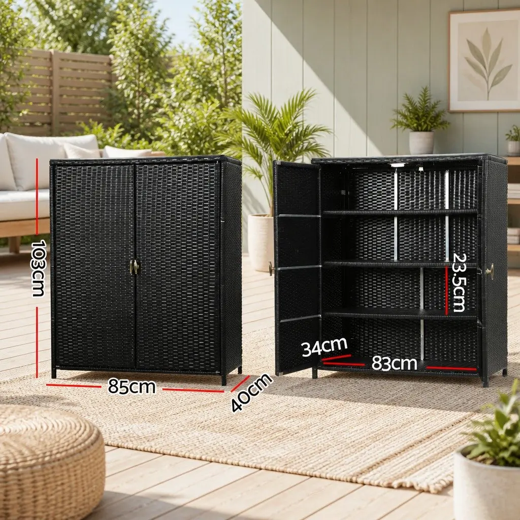 Outdoor Storage Cabinet Wicker Shelf Chest Box Garden Shed Tools Organizer Black