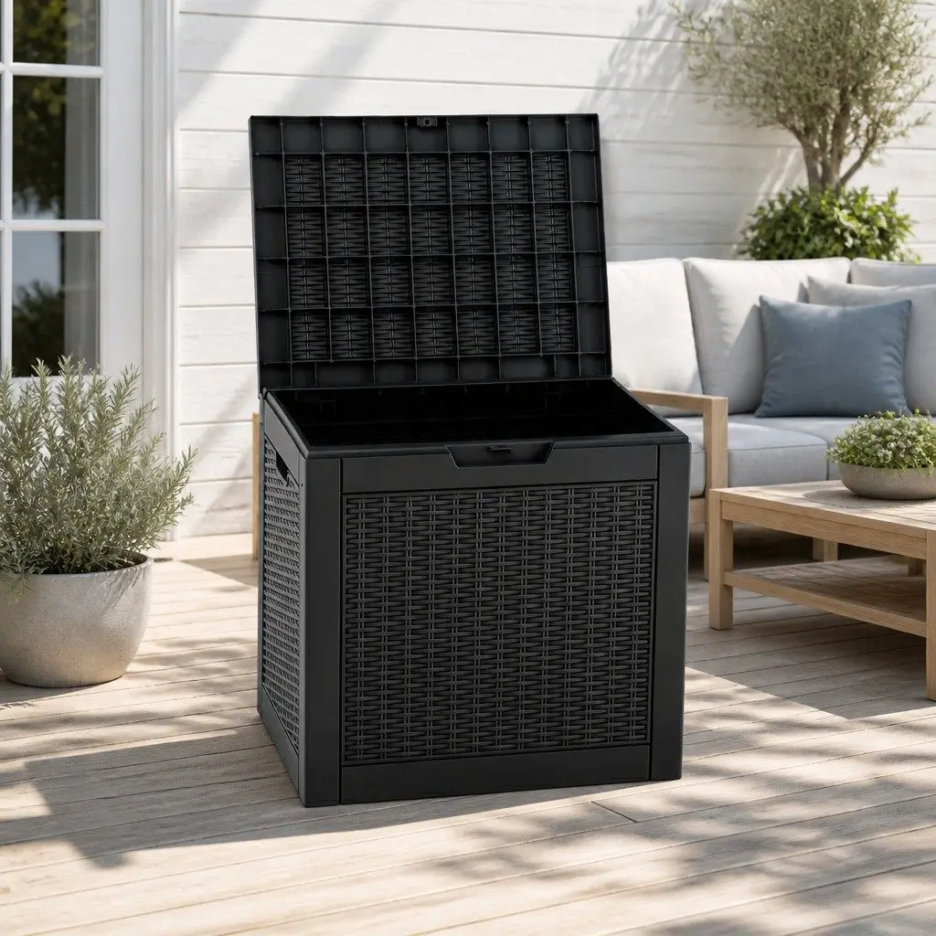 Outdoor Storage Box Black 118L Lockable Lid Rattan Texture